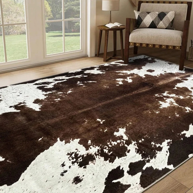 A dark brown and white cowhide print area rug in a modern western style placed in a living room.