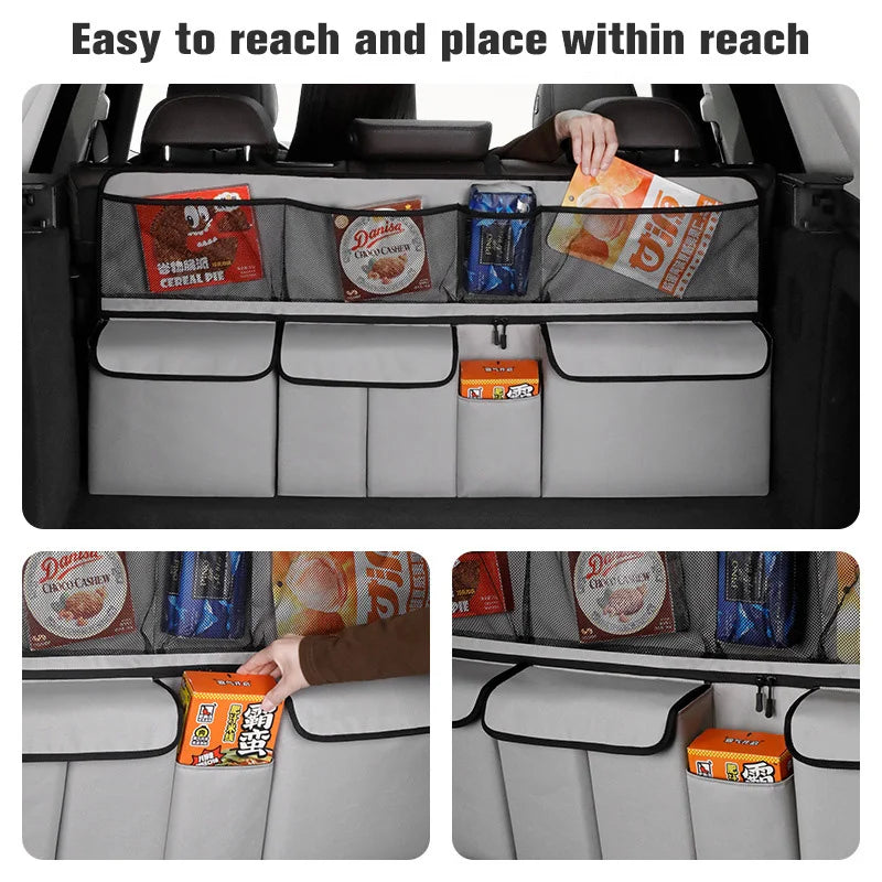 A car trunk organizer showing various items like snacks and tools stored in hanging pockets for easy access.