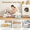 A woman is shown using a foldable laundry hamper with three removable bags to put away clothes.