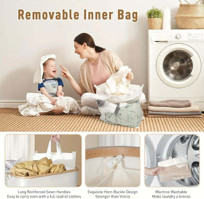 A woman is shown using a foldable laundry hamper with three removable bags to put away clothes.