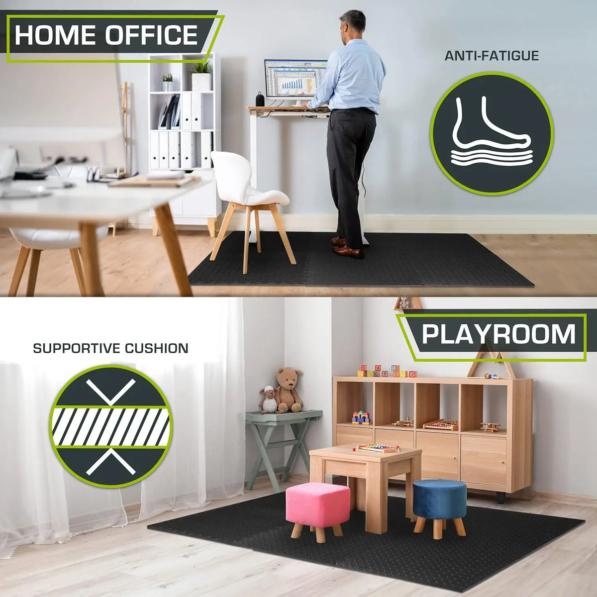 A man stands next to an anti-fatigue mat in a home office setting, with other mats shown for exercise and supportive cushions