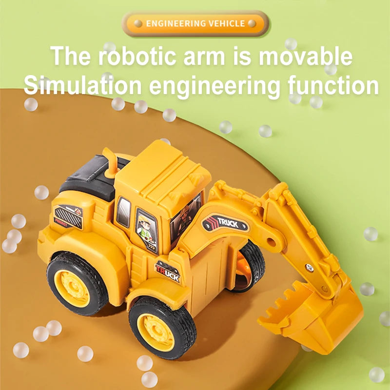 A yellow diecast construction vehicle set featuring a push-play excavator and bulldozer for simulation engineering.