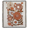 A woven throw blanket featuring a floral pattern in earthy tones of brown, orange, and beige on a cream background.