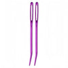 A pair of purple tapestry needles with curved tips for knitting and sewing.