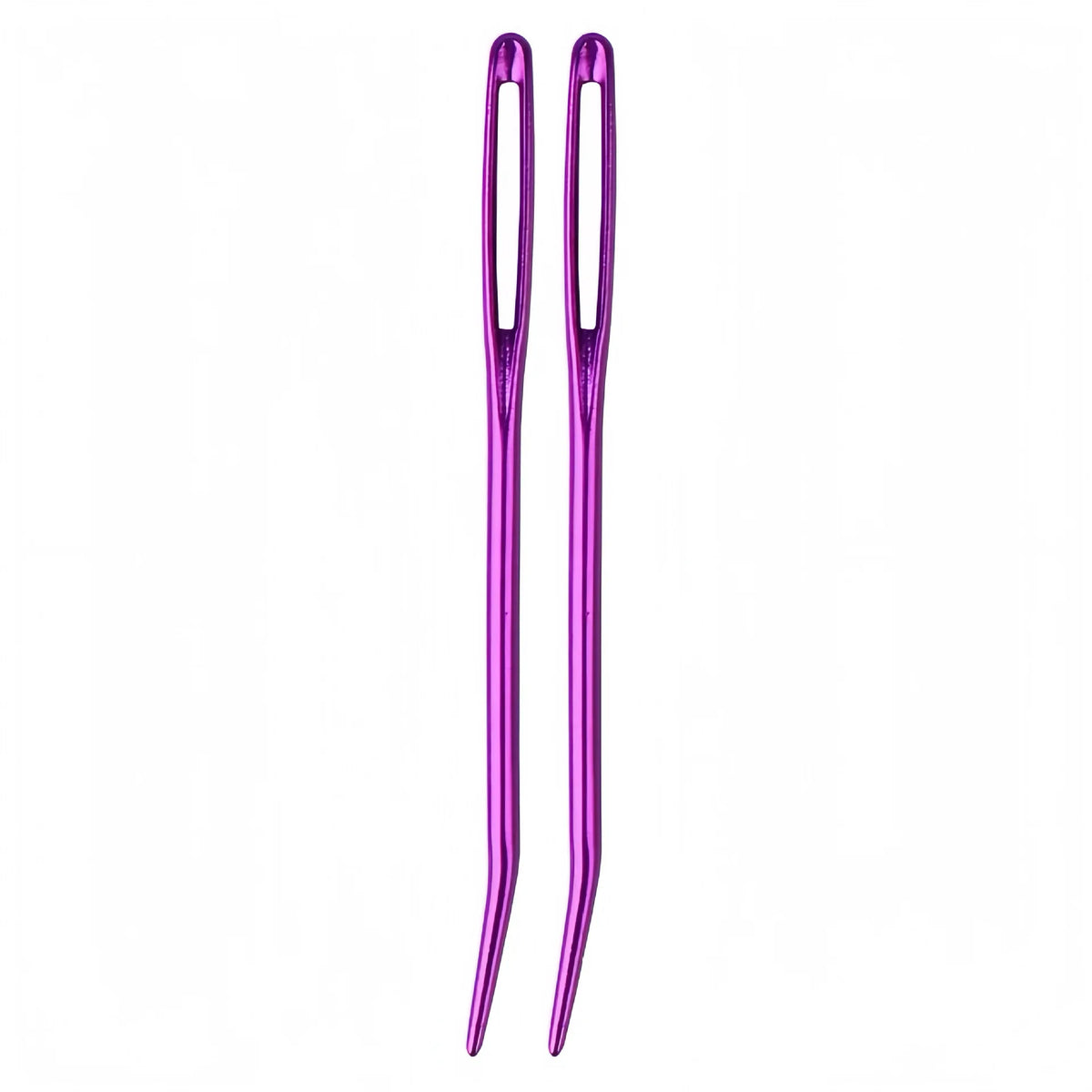 A pair of purple tapestry needles with curved tips for knitting and sewing.