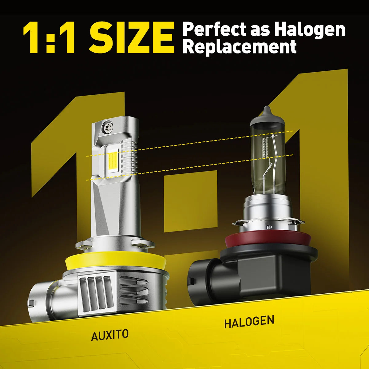 A comparison showing a 1:1 size replacement of an Auxito bulb and a Halogen bulb for headlight repair.