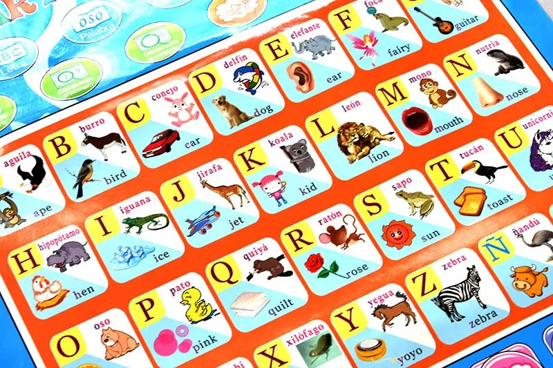 A colorful poster featuring letters and animals for bilingual Spanish English learning.