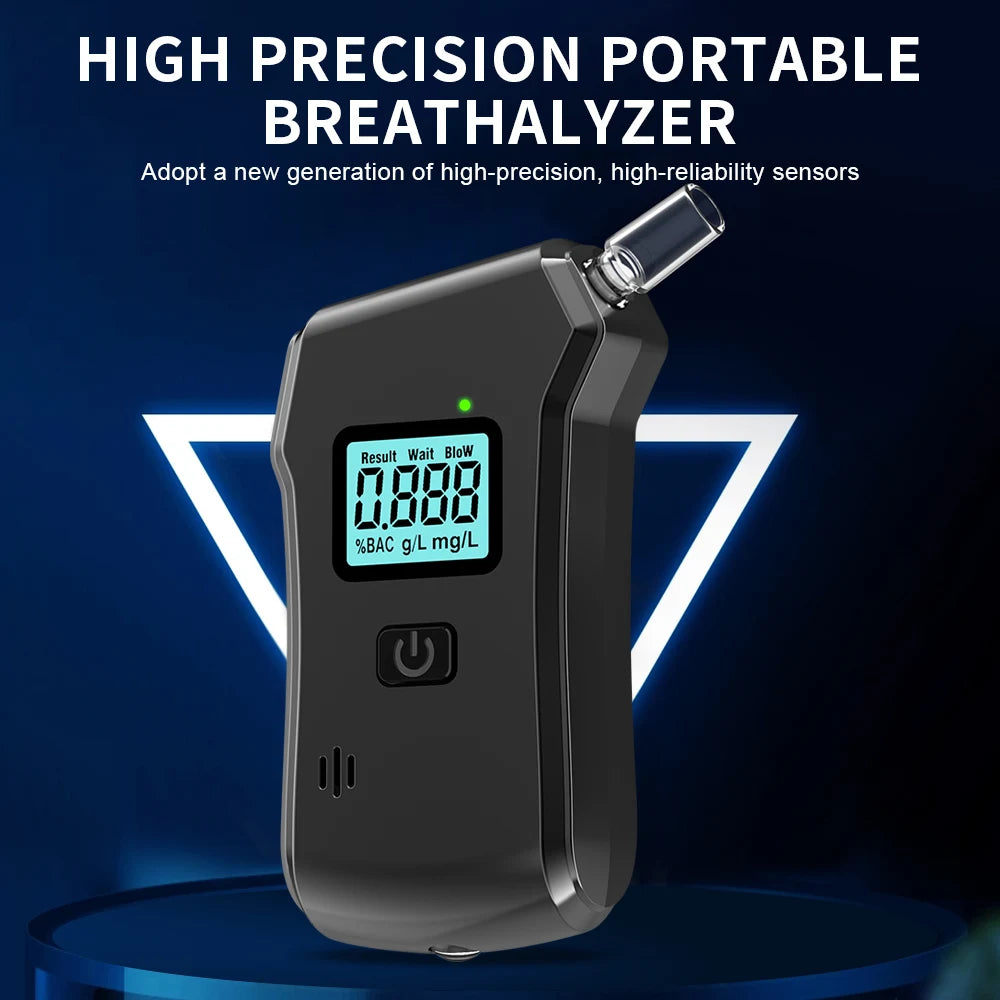 A black portable breathalyzer device with an LCD display is shown against a dark blue background.