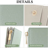 Details of a light green pebbled leather slim bi-fold wallet featuring a snap button and reinforced stitching.