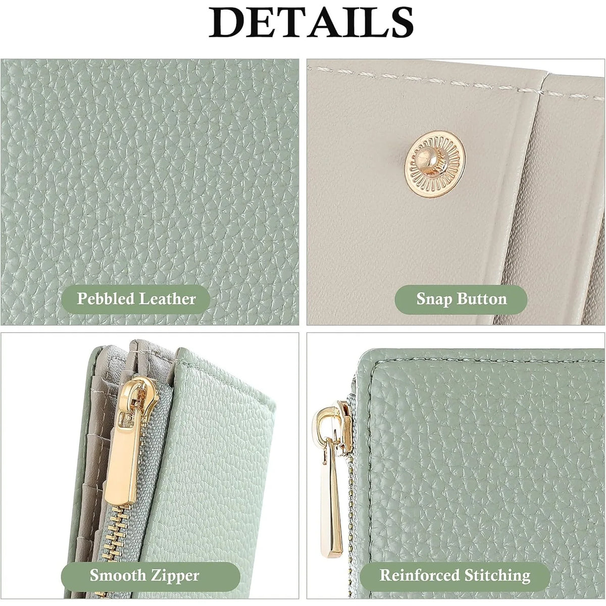 Details of a light green pebbled leather slim bi-fold wallet featuring a snap button and reinforced stitching.