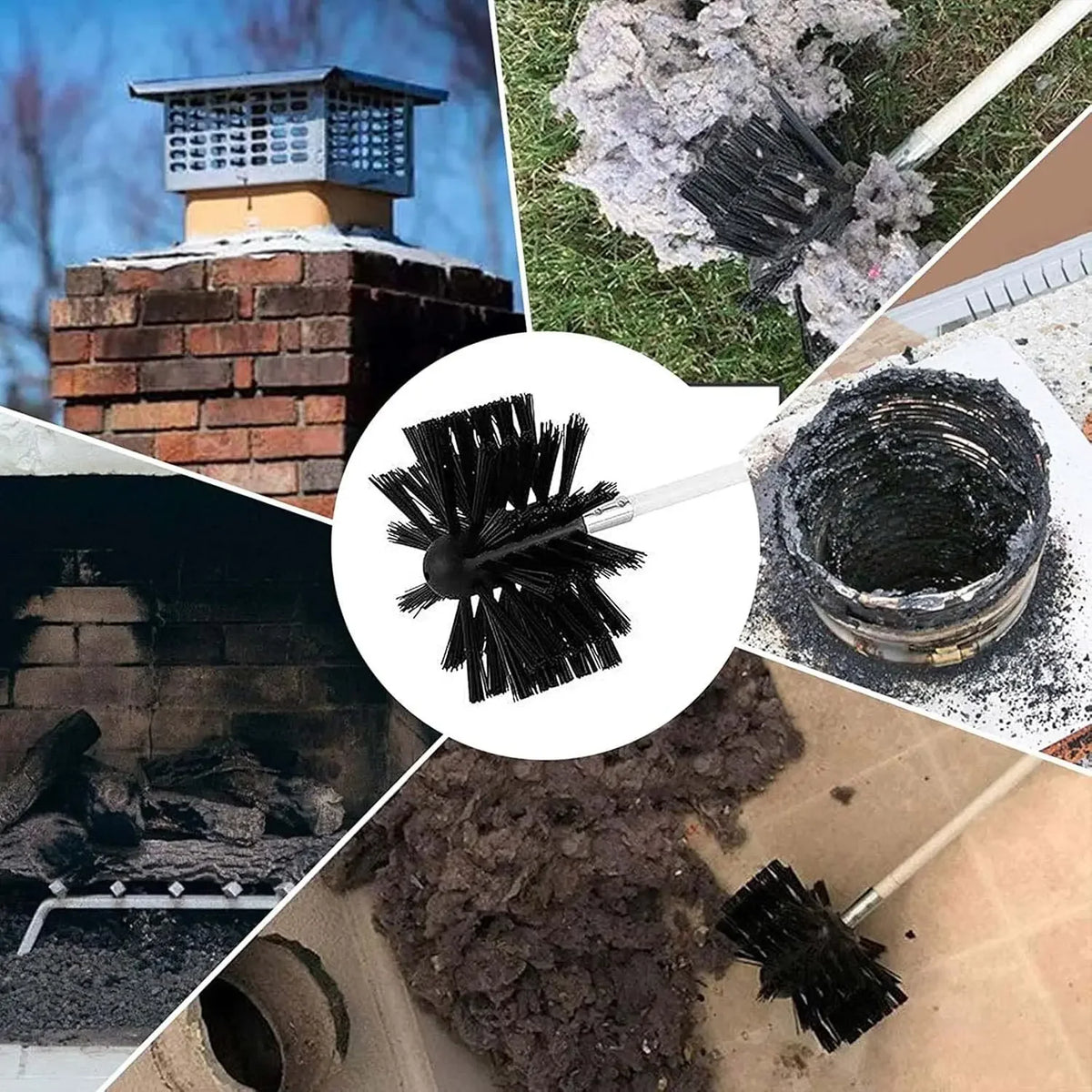 A collection of tools for cleaning chimney and dryer vents, including brushes and a chimney cap.