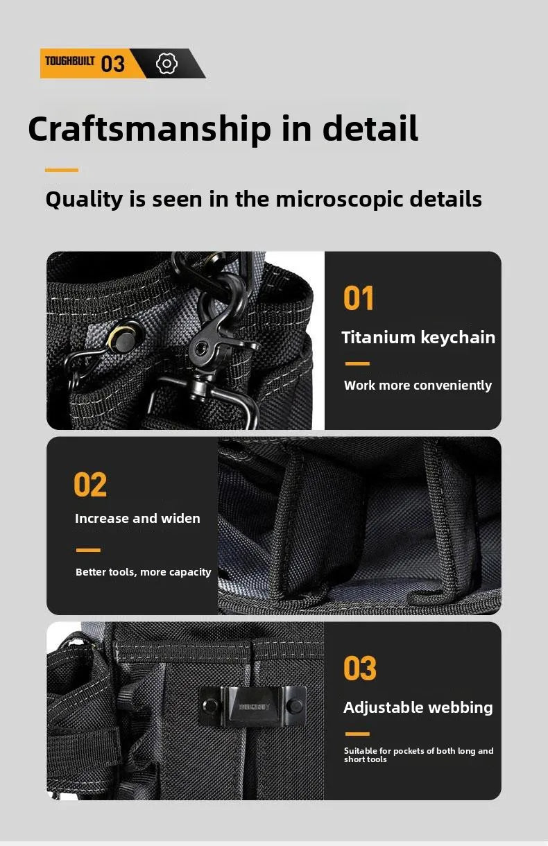 Close-up details of a black tool belt showing titanium keychain, increased pocket capacity, and adjustable webbing.