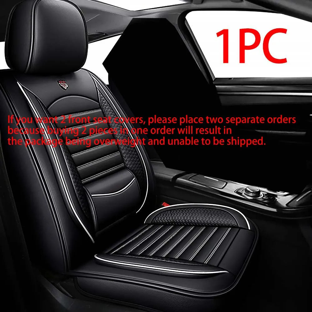 Black leather car seat covers installed on a vehicle seat, showing the interior and exterior view.