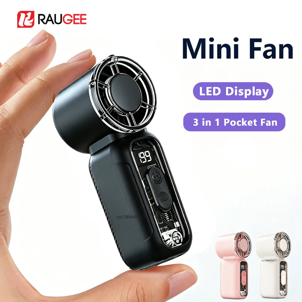 A hand holds a black mini fan with an LED display and flashlight, demonstrating its compact design.