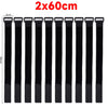 A set of black reusable nylon cable ties with adjustable hook and loop fasteners shown vertically.