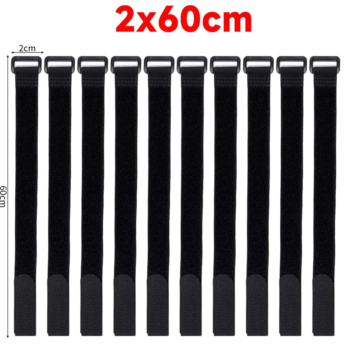 A set of black reusable nylon cable ties with adjustable hook and loop fasteners shown vertically.