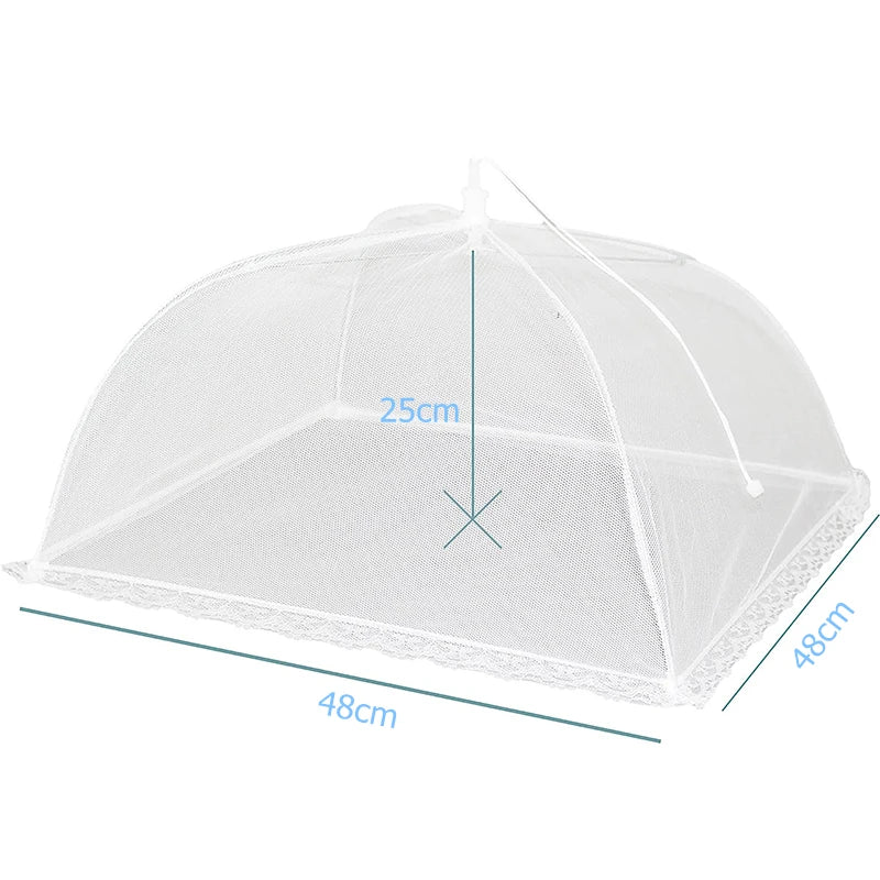 A white collapsible mesh food cover shaped like a dome, shown with dimensions of 25cm high and 48cm wide.