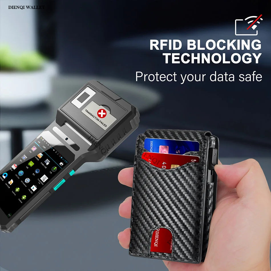 محفظة بطاقات نحيفة من ألياف الكربون السوداء مع رسم لتقنية حجب الراديو (RFID)