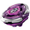 A purple and silver precision metal spinning top with a white wolf design.