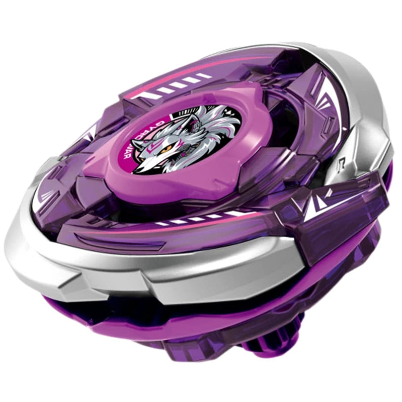 A purple and silver precision metal spinning top with a white wolf design.