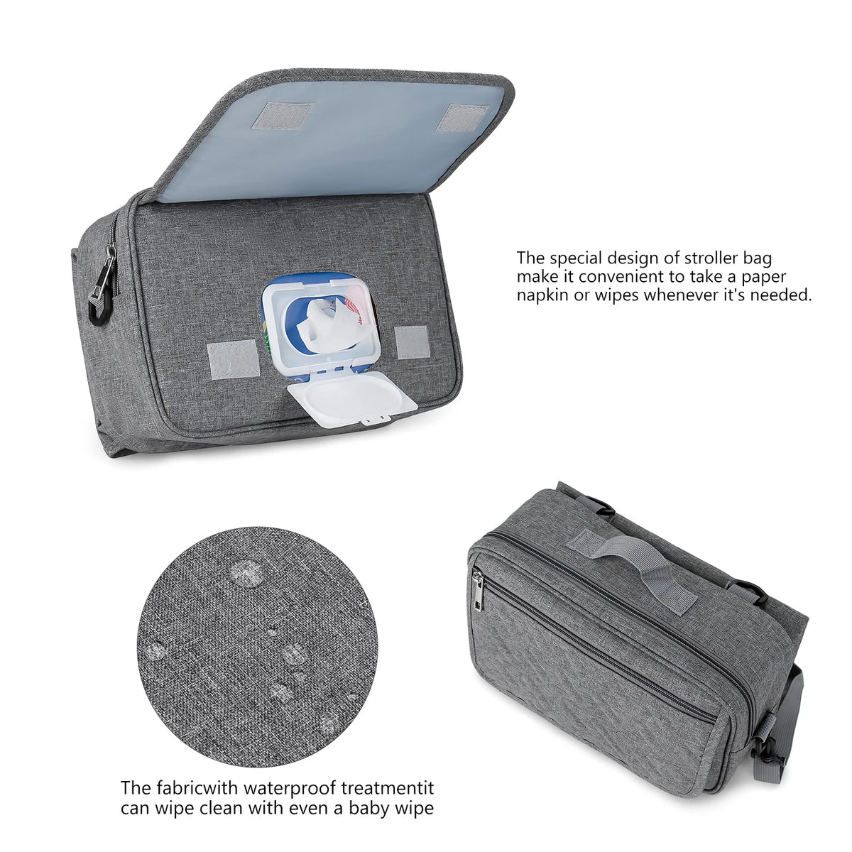 A gray compact stroller diaper bag organizer featuring a removable changing mat and waterproof fabric.