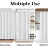 White multi-use curtain shown in three contexts: windows, cloakroom, and shower.