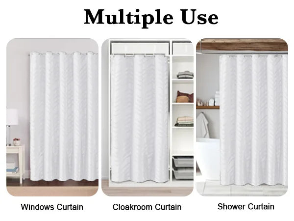 White multi-use curtain shown in three contexts: windows, cloakroom, and shower.