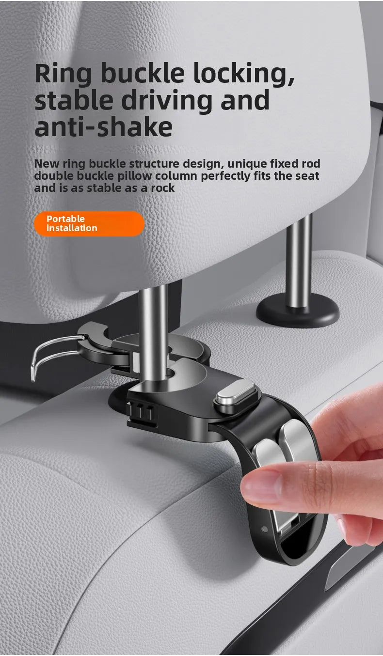 A hand is installing a ring buckle locking car seat back hook onto a car seat, demonstrating its stable design.