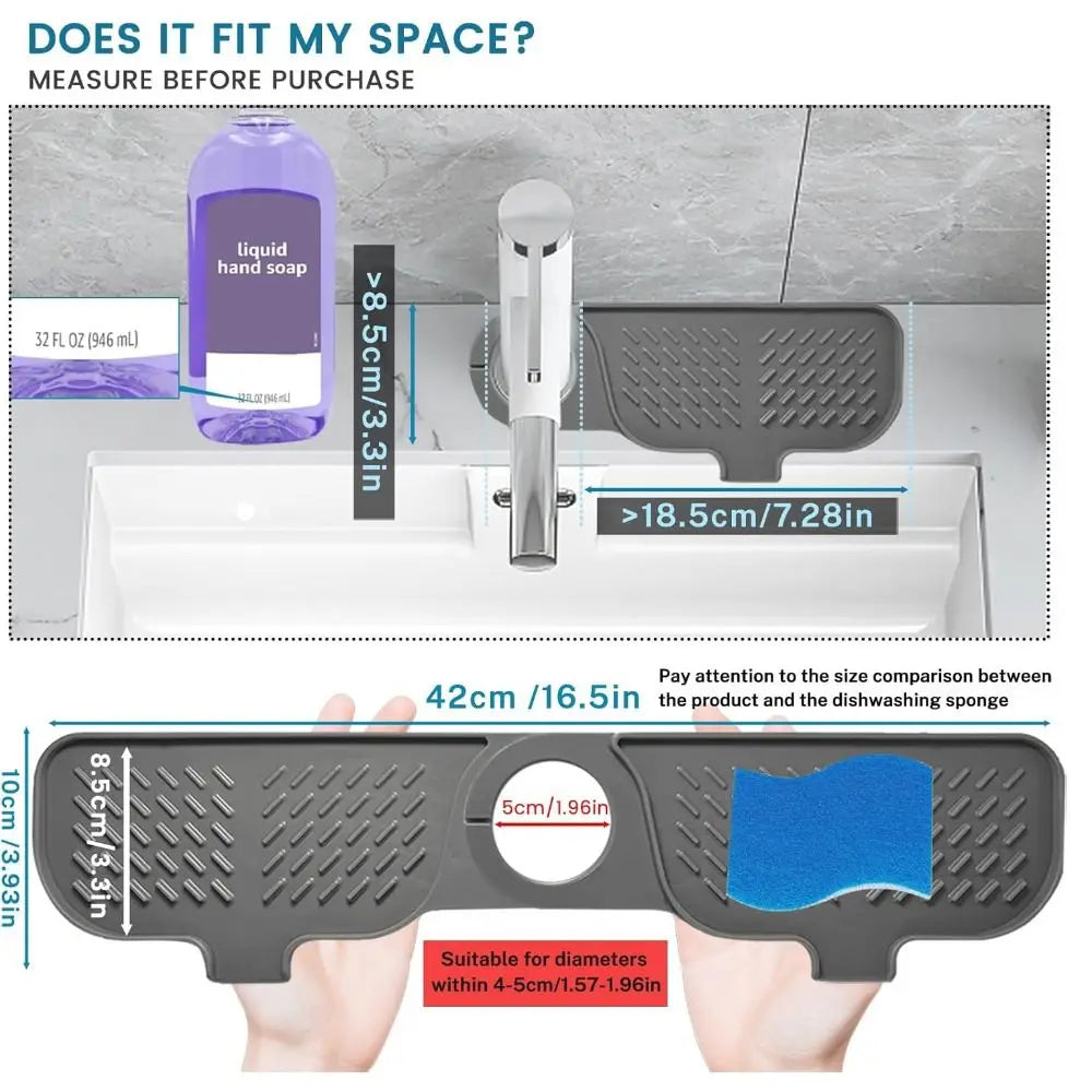 A silicone sink faucet mat with a rotatable splash guard is shown next to a liquid hand soap bottle and a sink basin.