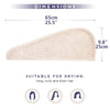 A beige microfiber hair drying towel shown flat, with dimensions 65cm (25.5") and 9.8" (25cm).