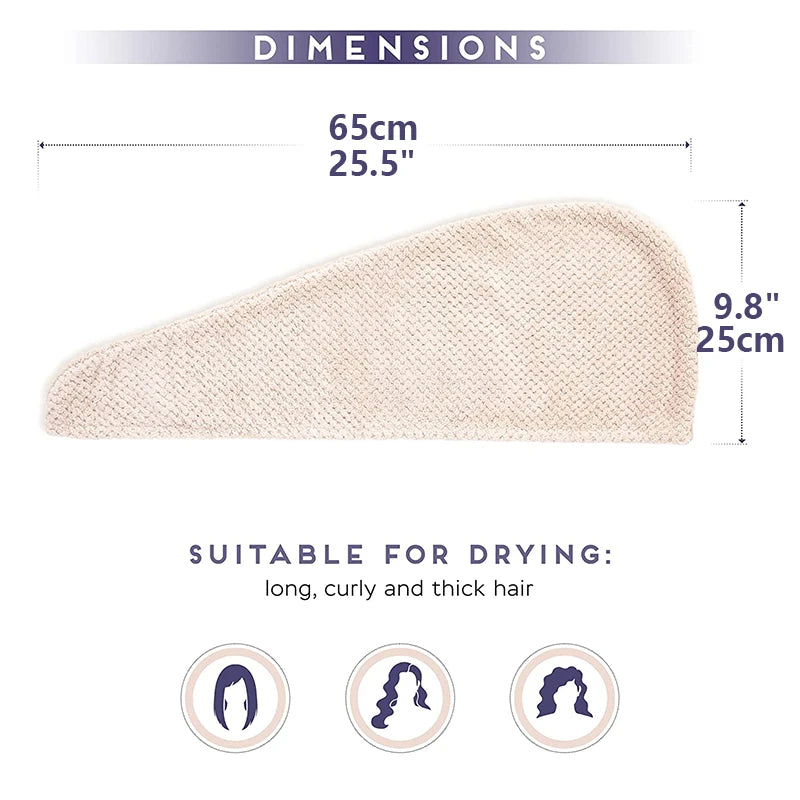 A beige microfiber hair drying towel shown flat, with dimensions 65cm (25.5") and 9.8" (25cm).