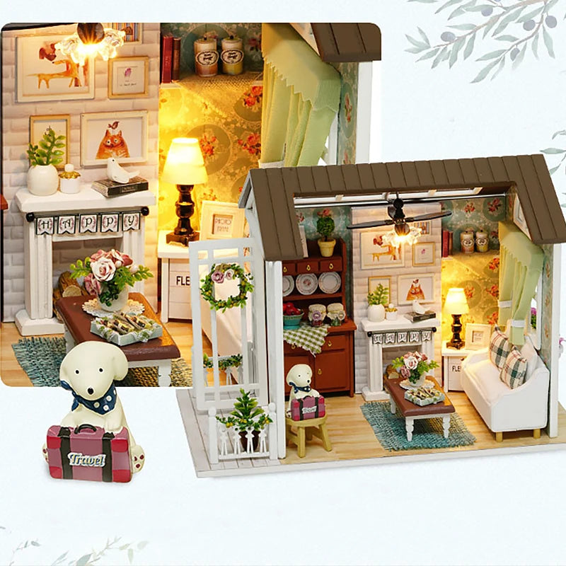 A miniature dollhouse kit featuring a wooden 3D puzzle craft with LED lights and detailed furniture.