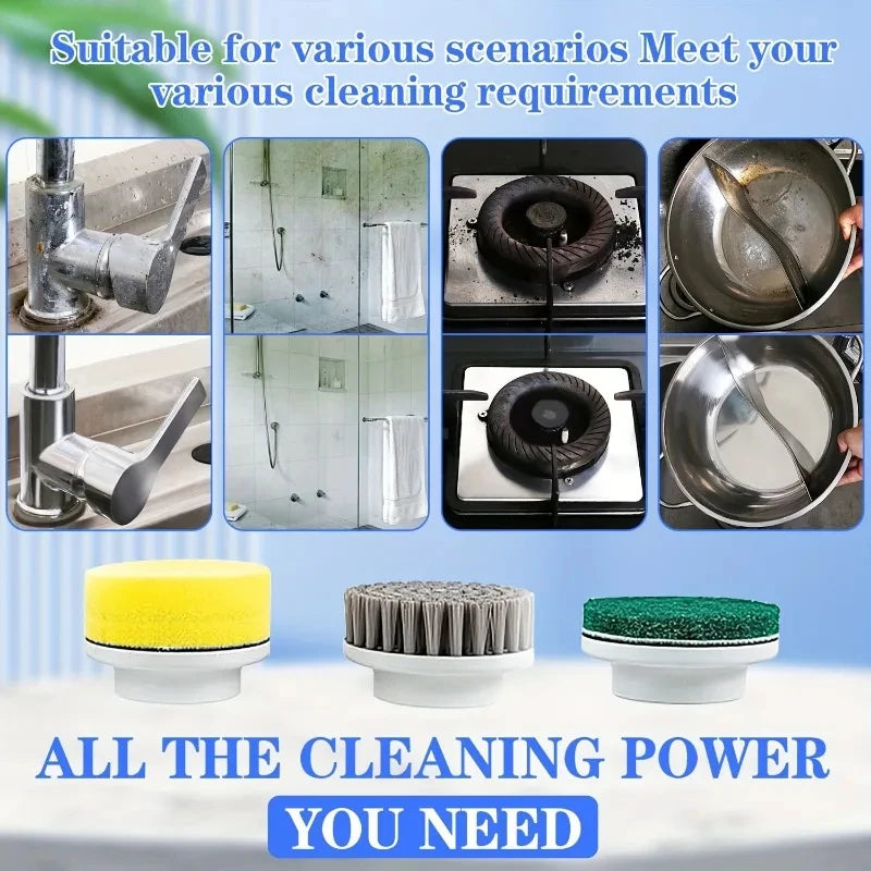 A set of three yellow, gray, and green cleaning brush heads for a cordless electric spin scrubber.