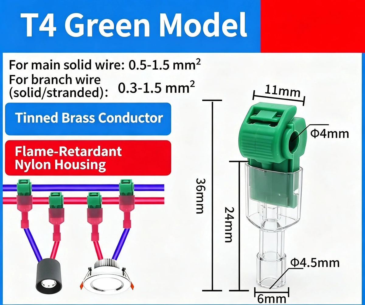 T4 Green Model self-stripping wire connectors with tinned brass conductors and nylon housings
