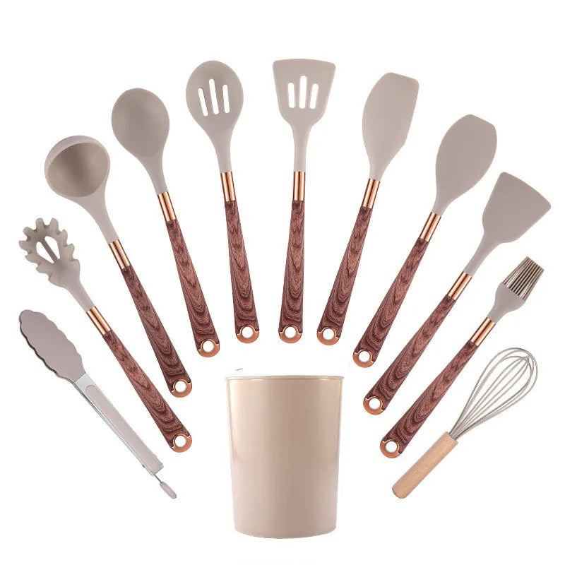 Silikon-Küchenutensilien-Set mit Holzoptik