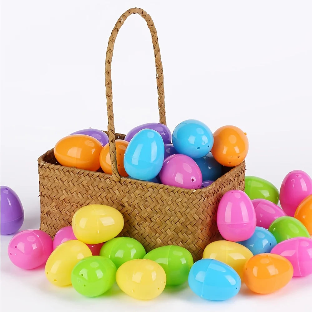 A woven basket filled with 100 colorful plastic Easter eggs in various shades of pink, yellow, green, and blue.