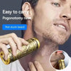 A man is shown using a gold-colored pogonotomy neat tool on his neck, demonstrating its ease of carrying.