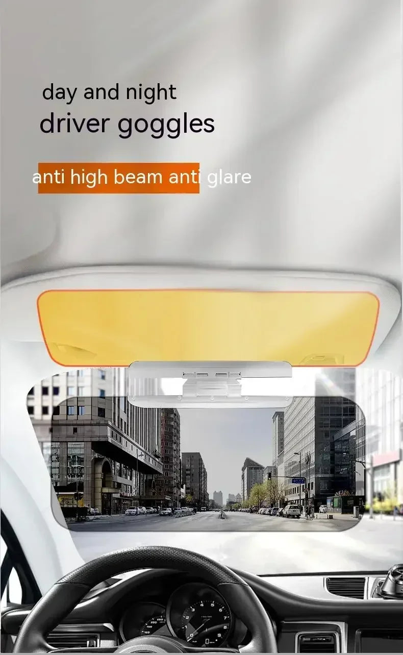 A close-up view of a car's interior showing an anti high beam anti glare driver goggles sun visor extender.