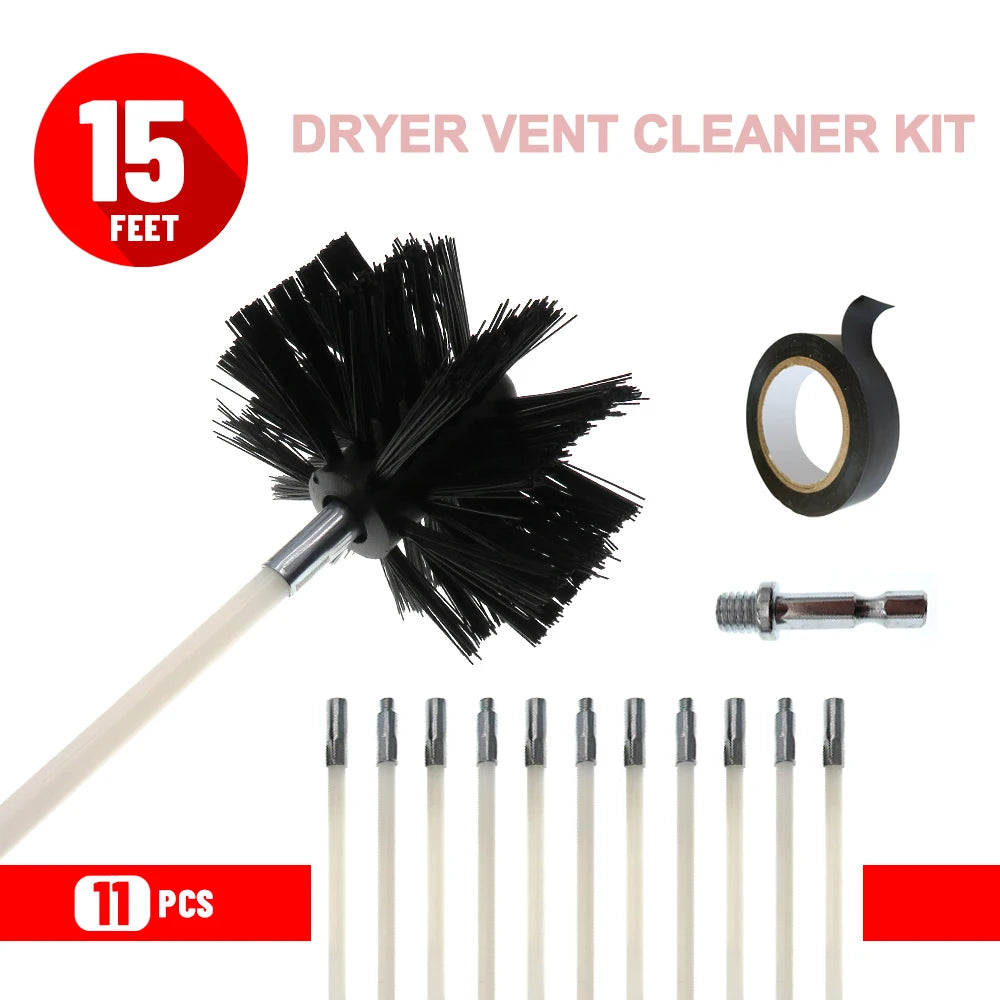 A kit for dryer vent cleaning including a 15 feet brush, various cleaning tools, and 11 cleaning rods.