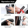 Quatre étapes montrant comment nettoyer, appliquer, arracher l'adhésif et tailler les bandes de joint de porte de voiture.