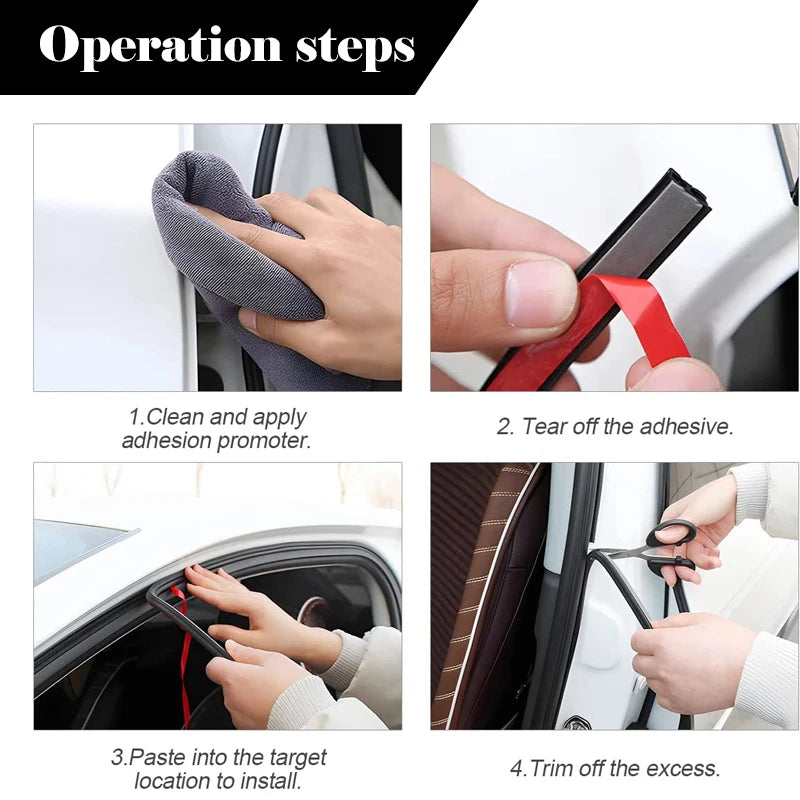 Quatre étapes montrant comment nettoyer, appliquer, arracher l'adhésif et tailler les bandes de joint de porte de voiture.