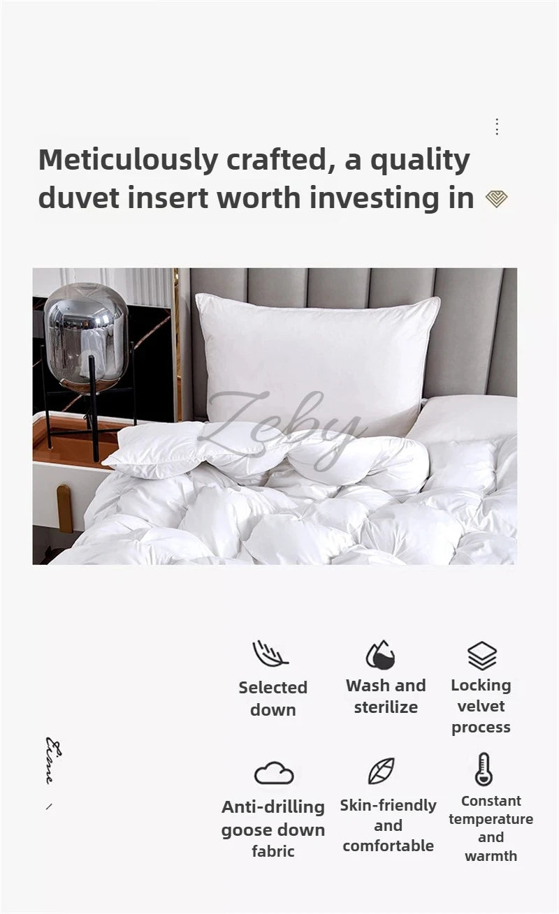 A white duvet insert and pillow set displayed on a bed, emphasizing quality craftsmanship and features like anti-drilling fab