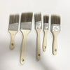 A set of five natural-bristle paint brushes with light wooden handles and silver metal ferrules.