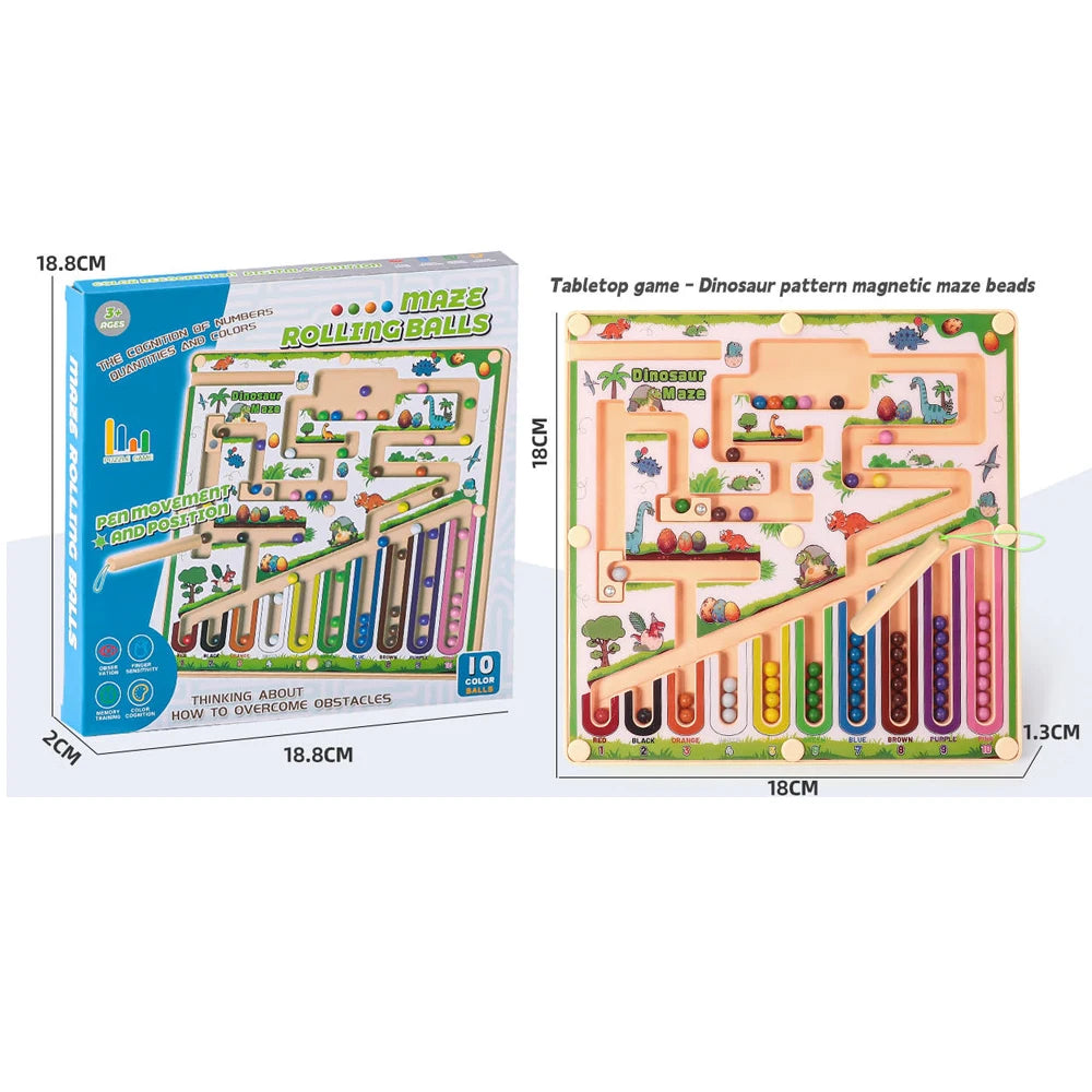 A box of a Dinosaur pattern magnetic maze puzzle game with rolling balls and wooden pieces.