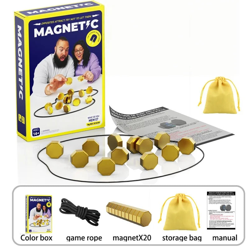 A box and set of magnetic stones for a strategy game with a portable board and manual.