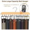 Wooden belt hanger rack displaying various colored leather belts hanging on hooks