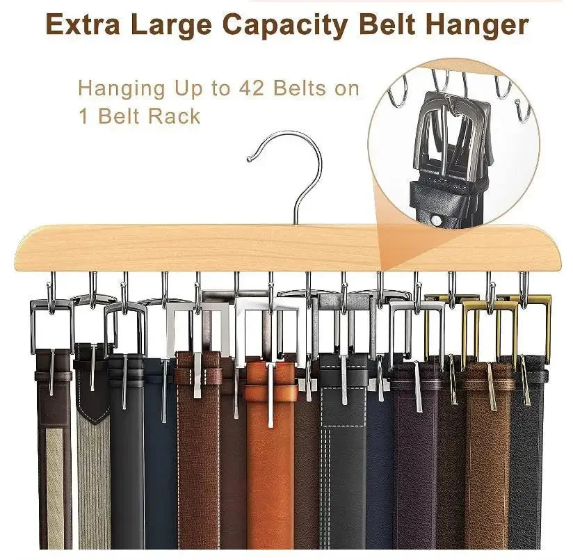 Wooden belt hanger rack displaying various colored leather belts hanging on hooks