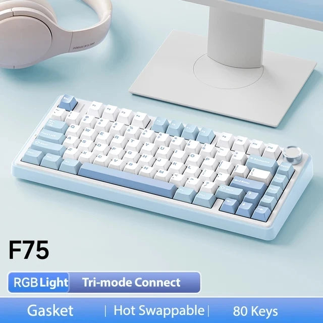 لوحة مفاتيح AULA F75 الميكانيكية اللاسلكية/بلوتوث/السلكية للألعاب، إضاءة RGB قابلة للتخصيص، تخطيط 75%، تصميم OEM مع هيكل Gasket