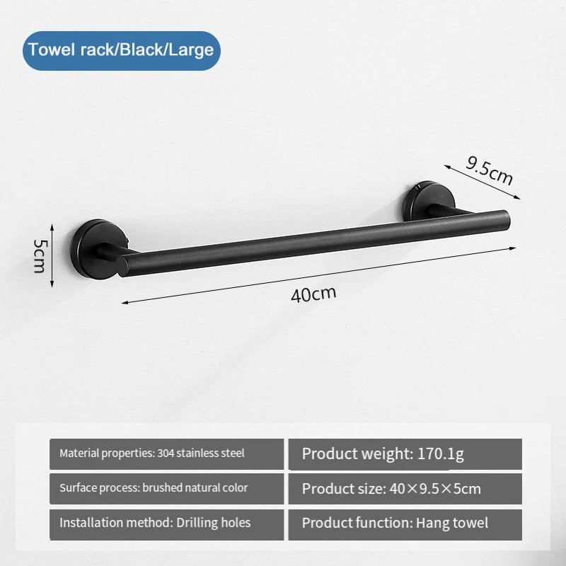 A black towel rack with a 40cm bar and 5cm mounting, made of stainless steel for hanging towels.