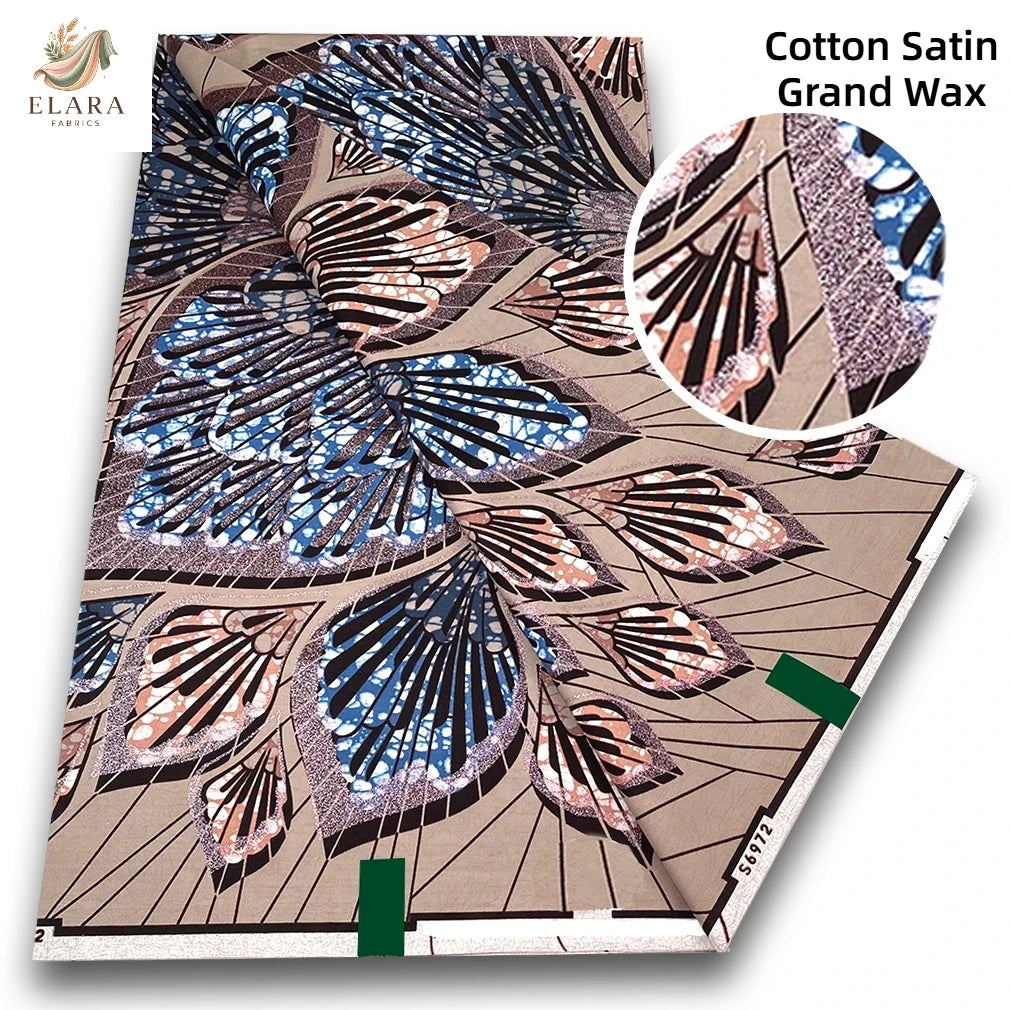 Cotton Satin Grand Wax fabric featuring a brown background with blue and pink glitter floral patterns